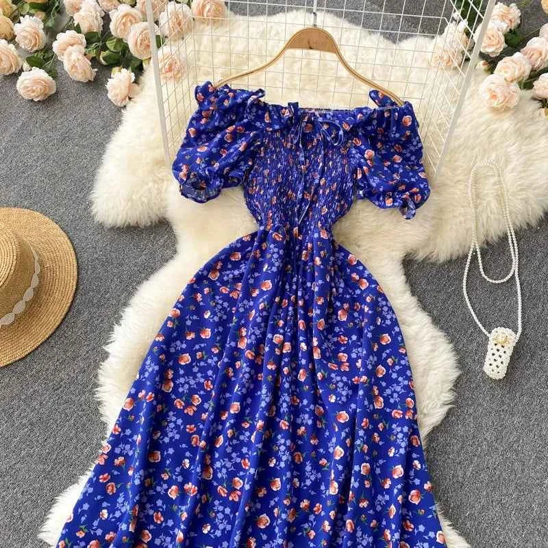 YuooMuoo Romantic Floral Print Long Dress 2024 New Summer Off Shoulders Puff Sleeve Big Swing Women Dress Korean Party Vestidos