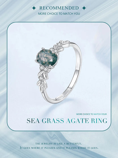 WOSTU Natural Moss Agate Ring For Women  925 Sterling Silver Oval Cut Sea Grass Agate Flower Rings Wedding Party Jewelry Gift