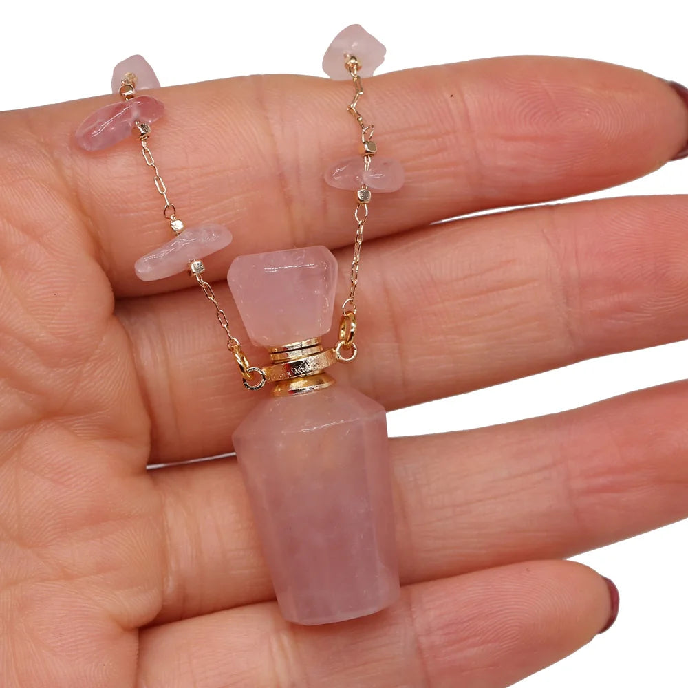 Natural Stone Rose Quartz Perfume Bottle Essential Oil Diffuser Reiki Healing Exquisite Necklace Jewelry Gift - AMULET RING STORE