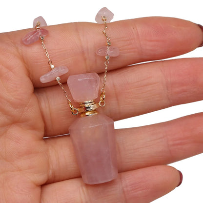 Natural Stone Rose Quartz Perfume Bottle Essential Oil Diffuser Reiki Healing Exquisite Necklace Jewelry Gift - AMULET RING STORE