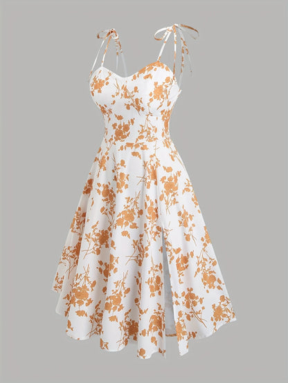 2024 European and American fashion plus size women's new flower print A-line skirt bow tie slit dress