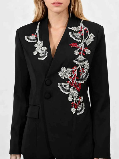 TWOTWINSTYLE Solid Spliced Bead Flower Temperament Blazers for Women V Neck Long Sleeves Patchwork Single Breasted Blazer Female