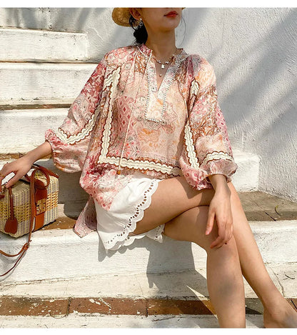 Boho Flrench Chic Floral Blouse Shirt Printed Summer Loose Lace Hollow Out Sexy Ladies Vocation Women Long Sleeve Top Shirts New