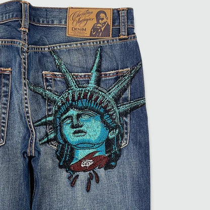 Y2k 2000s Statue of liberty Diamonds Denim Pants High Waist Straight Women Casual Wide Leg Jeans Harajuku Vintage Women Clothing - AMULET RING STORE