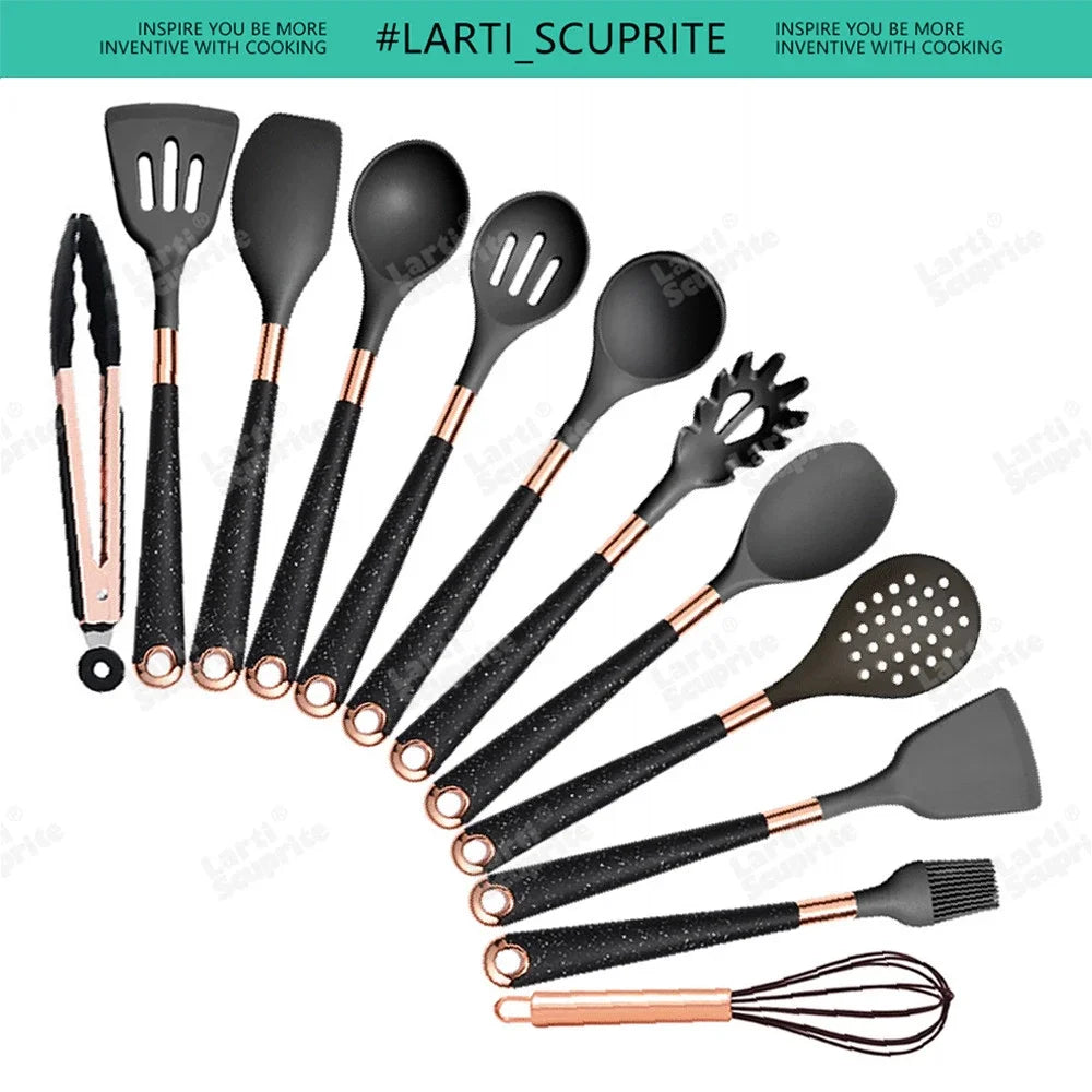 Good Quality Silicone Kitchen Utensils Set Rose Gold Plated Handle Cooking Tool Non-stick Heat Resistant Kitchenware Accessories
