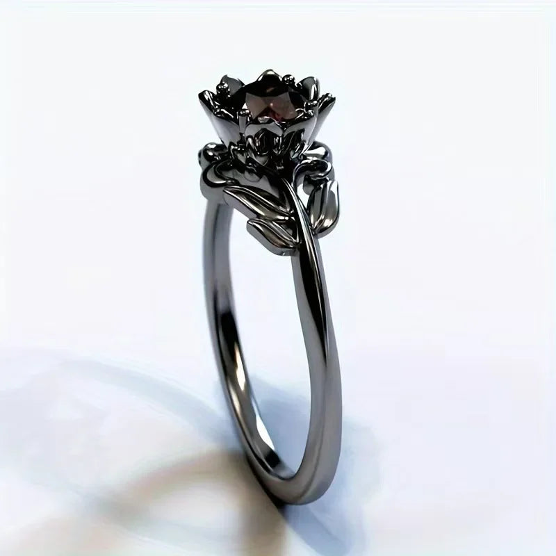 Black Color Flower Red Stone Rings for Women Charm Jewelry Accessories Rose Ring Party Gift