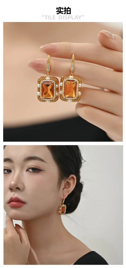 Vintage Crystal & Pearl Earrings, Caramel Cube Drop Earrings, Luxury Geometric Statement Earrings for Women