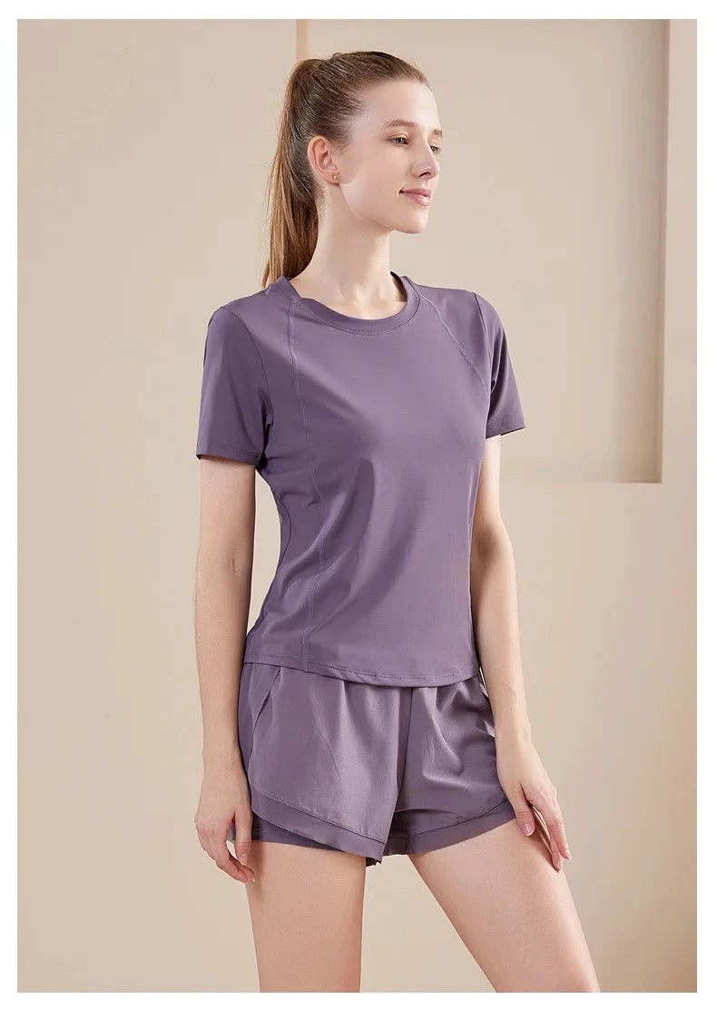 Yoga Set Women Sport T-Shirt Back Mesh Design High Waist Shorts Quick Dry Run Yoga Sports Short Sleeve Shorts Two-piece Yoga Set