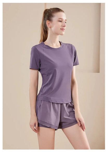 Yoga Set Women Sport T-Shirt Back Mesh Design High Waist Shorts Quick Dry Run Yoga Sports Short Sleeve Shorts Two-piece Yoga Set