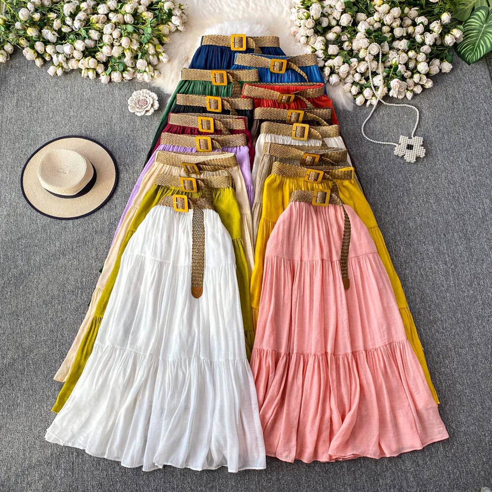 White High Waist A-Line Midi Skirt Women's Summer Casual Flared Cake Skirt Korean Sle Baking Poer Skirt for Young Women