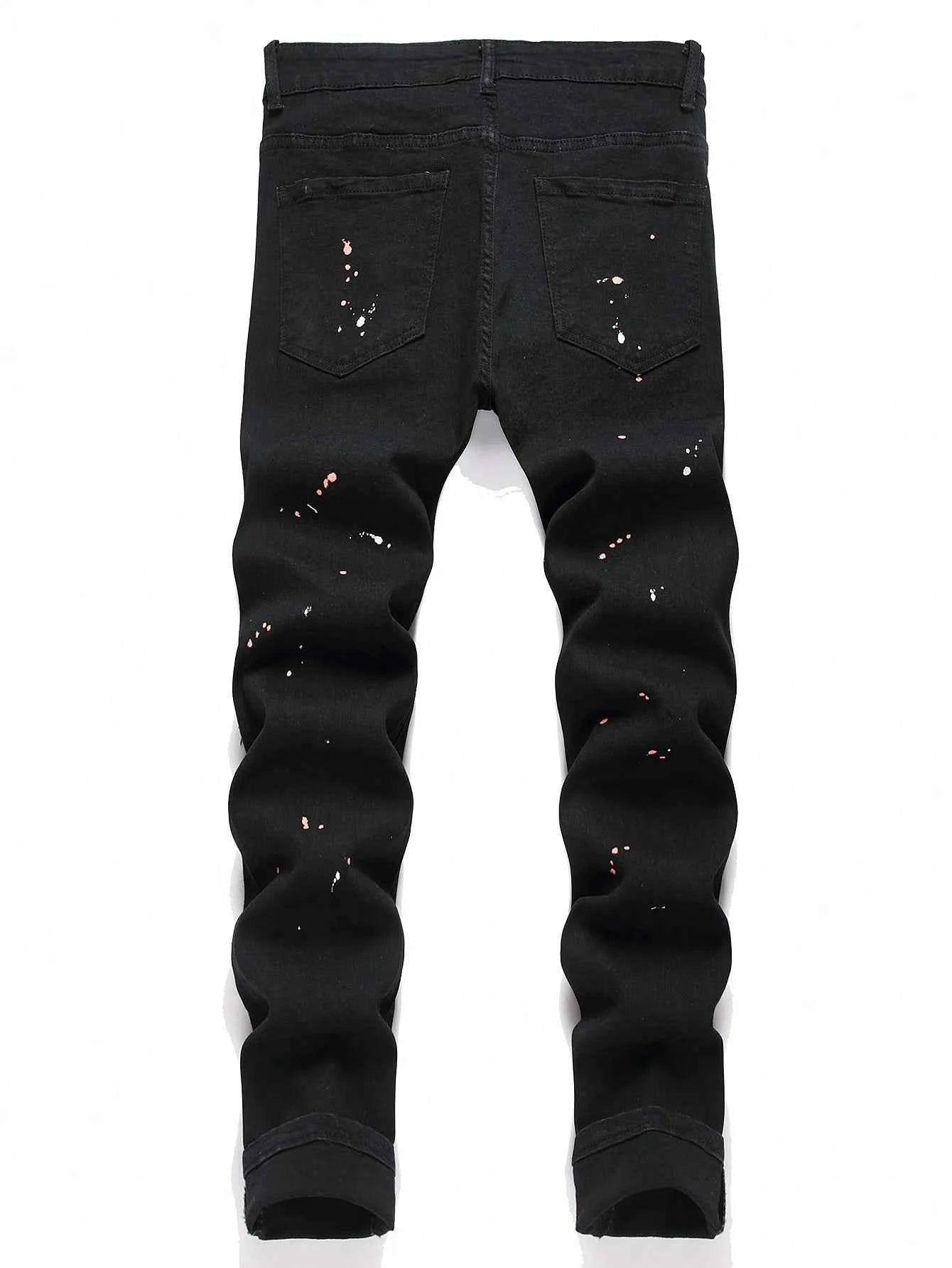 Men y2k Stretchy Skinny Denim Jeans For Men Casual pants Ripped Patchwork Hole Slim Fit Denim Hip Hop Black Straight Trousers