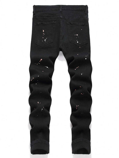 Men y2k Stretchy Skinny Denim Jeans For Men Casual pants Ripped Patchwork Hole Slim Fit Denim Hip Hop Black Straight Trousers