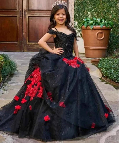 Black Flower Girl Dresses for Wedding Red Lace Appliques Girl Kids Birthday Ball Gown First Holy Communion Gowns Customized