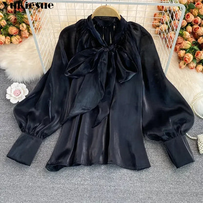 Spring Women's New Harajuku Tops V-neck Solid Color Bowknot Lantern Sleeves Loose Fashion Elegant Mesh Temperament Ladies Shirt