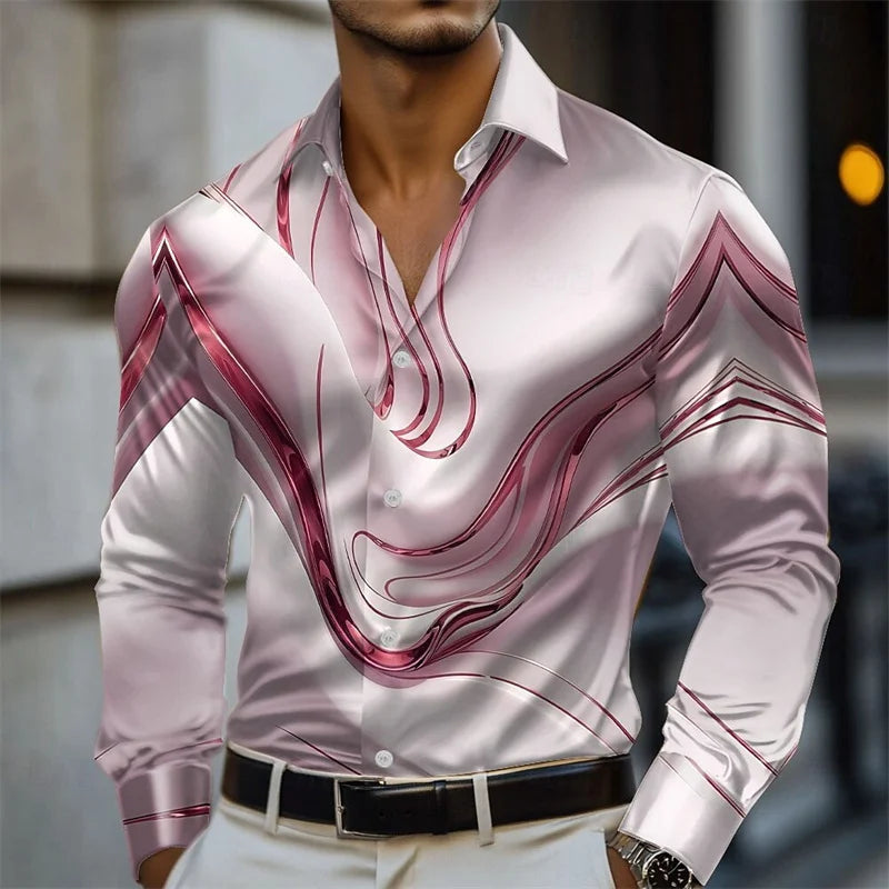 Men's Abstract Liquid Art Satin Shirt Fashion Casual Vacation Summer Spring Autumn Lapel Long Sleeve Shirt Pink Blue Gold Green