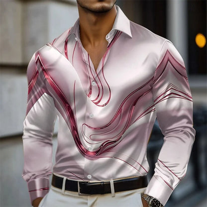 Men's Abstract Liquid Art Satin Shirt Fashion Casual Vacation Summer Spring Autumn Lapel Long Sleeve Shirt Pink Blue Gold Green