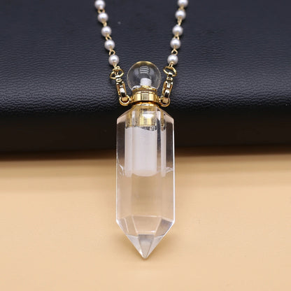 Natural Clear Quartz Stone Essential Oil Diffuser Pendant Stone Bead Chain Perfume Bottle Pendant Necklace Women Jewelry Party - AMULET RING STORE