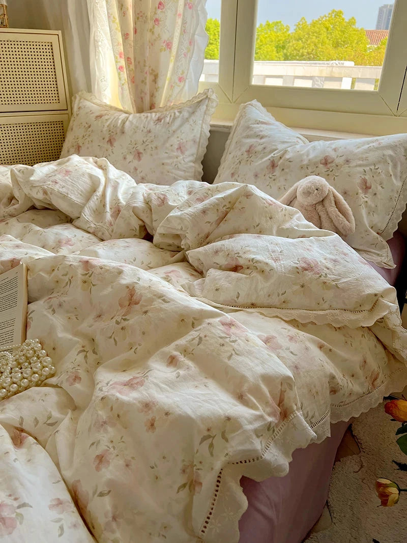 Washed Cotton Duvet Cover Sets Single/Queen/king Flower Printed Bedding Set Princess Style e housse de couette 220x240 with Lace - AMULET RING STORE