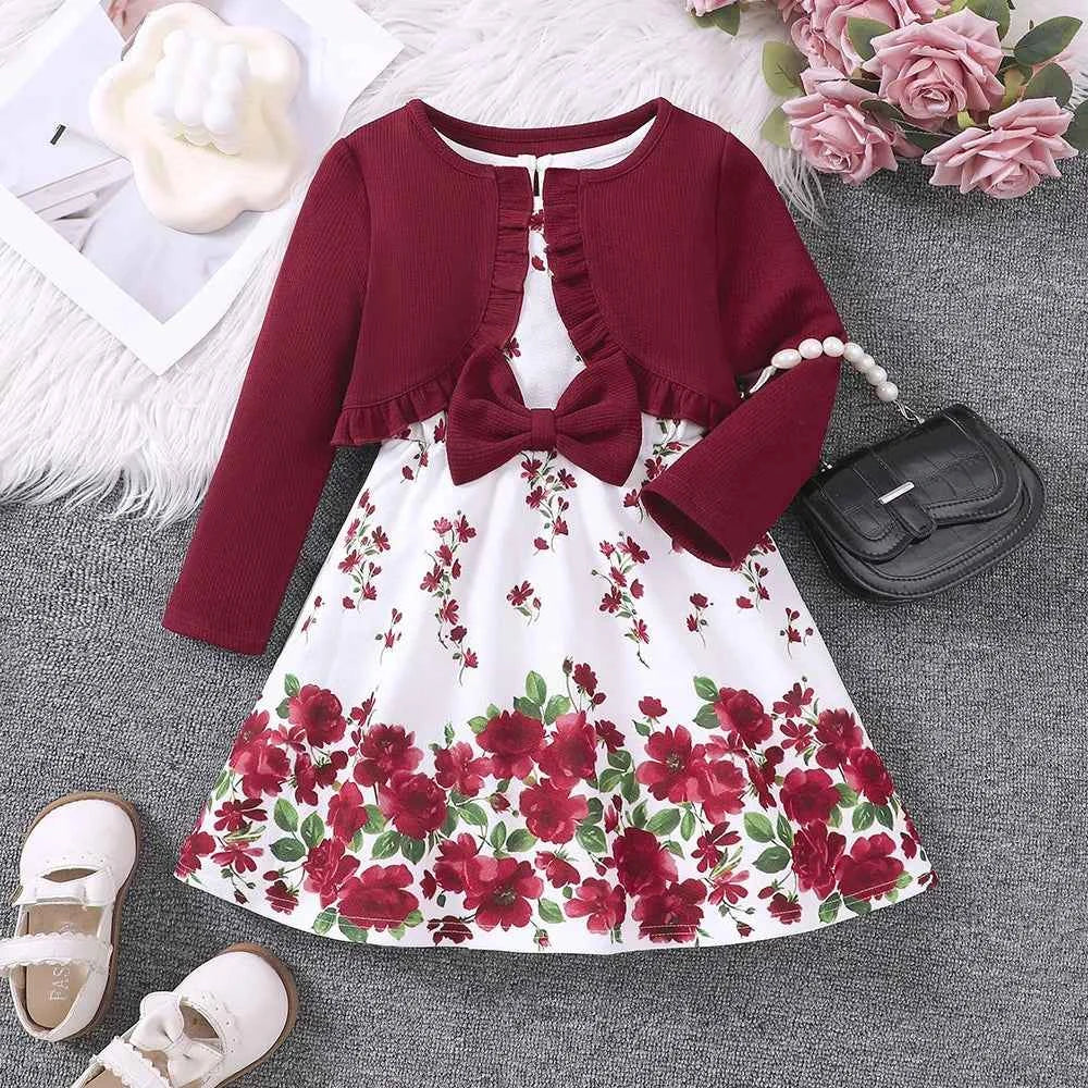 2 Pcs Kids Casual Dress Sets For Girls Clothes Autumn Winter 2024 New Child Long Sleeve Cardigan Coat Floral Print Tank Dress