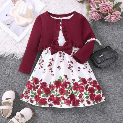 2 Pcs Kids Casual Dress Sets For Girls Clothes Autumn Winter 2024 New Child Long Sleeve Cardigan Coat Floral Print Tank Dress