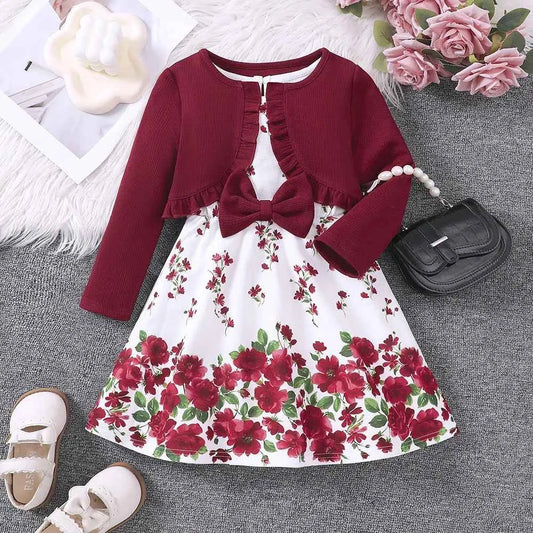 2 Pcs Kids Casual Dress Sets For Girls Clothes Autumn Winter 2024 New Child Long Sleeve Cardigan Coat Floral Print Tank Dress