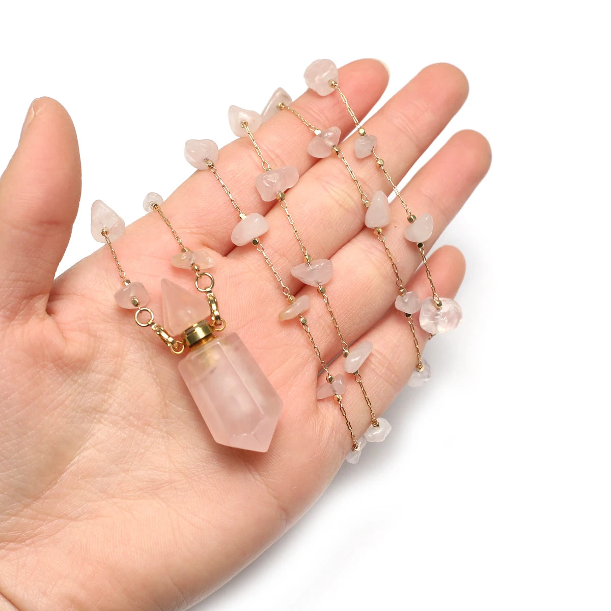 Natural Stone Rose Clear Quartz Perfume Bottle Pendant Pearl Gravel Chain Essential Oil Diffuser Charms Women Jewerly Necklace - AMULET RING STORE