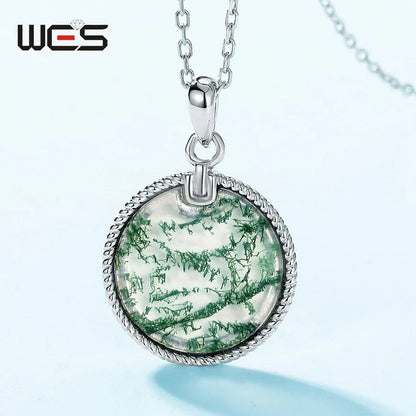 WES 100% 925 Silver Natural Unique Moss Agate Pendant Necklace for Woman Forest Jewelry Engagement Gift Boho Style Wholesale - AMULET RING STORE