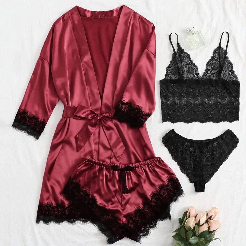 2025New Women's Pajama Fashion 4-piece Set Lace Satin Strap Sexy Pajama Set Dress Skin friendly Comfortable Casual Pajama Skirt - AMULET RING STORE