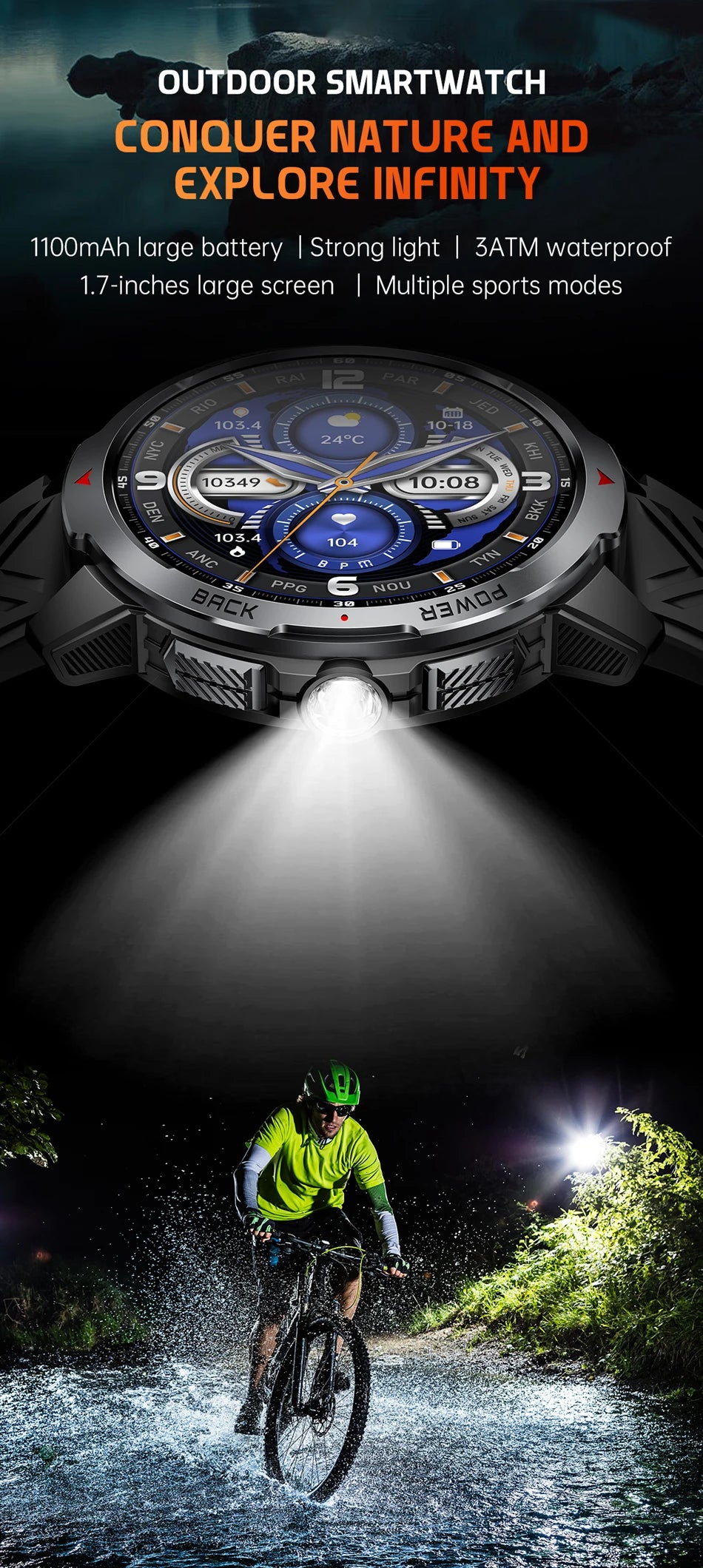 1100mAh Super Capacity Battery Military Outdoor Smart Watch Men 1.7inch Screen Compass Bluetooth Call 3ATM Waterproof SmartWatch