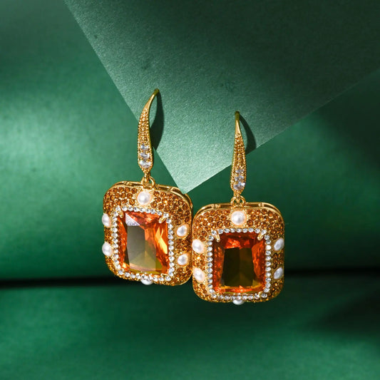 Vintage Crystal & Pearl Earrings, Caramel Cube Drop Earrings, Luxury Geometric Statement Earrings for Women