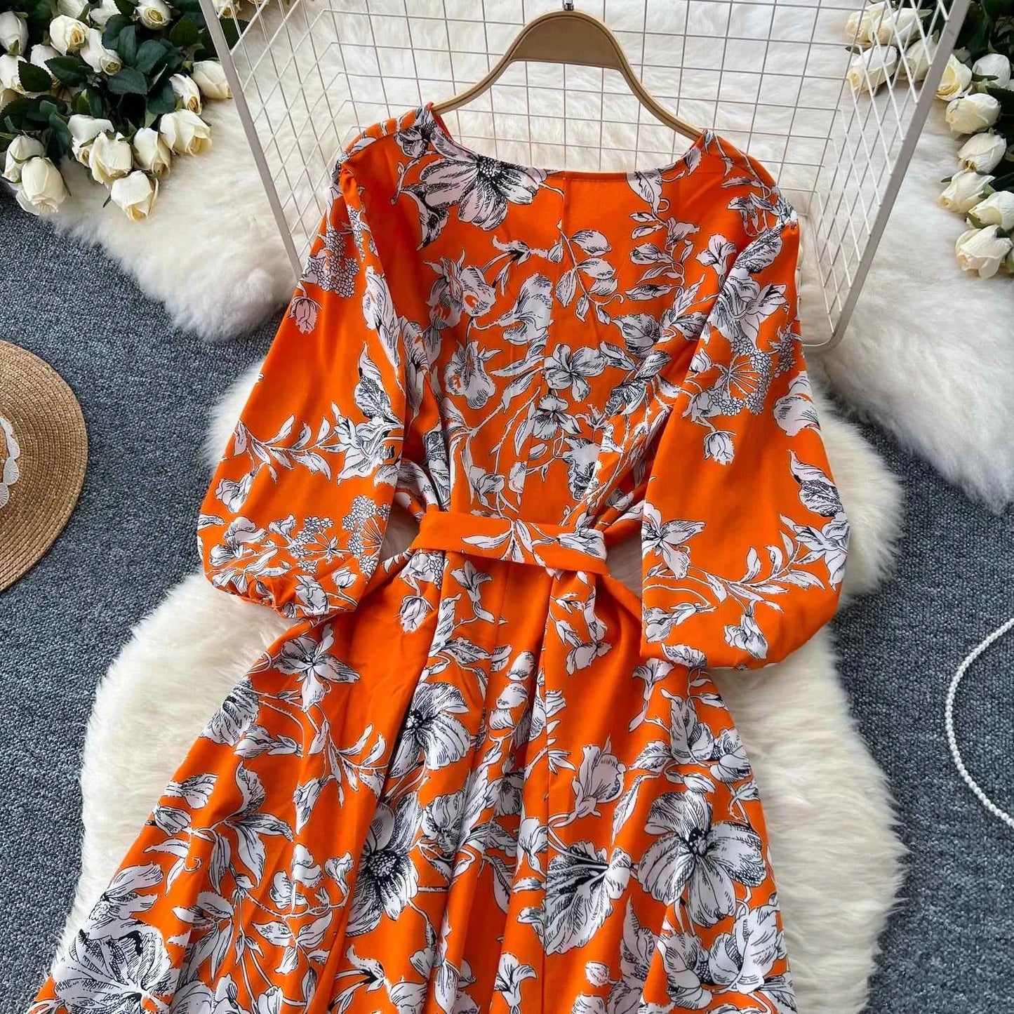 Elegant Boho Floral Print Floral Pleated Maxi Long Dress Female V Neck Puff Sleeve Belt Dresses Women Summer Dress Robe