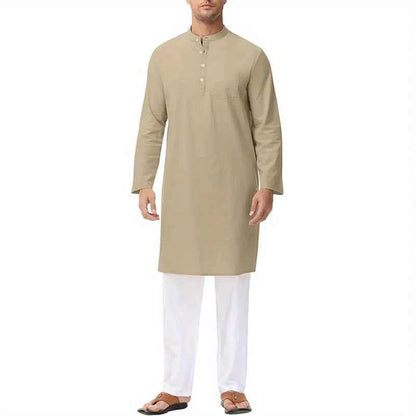 Inheritance of Ethnic Culture! Men's Long-Sleeve Thobe with Side Slits and Buttons, Classic Style of Traditional Ethnic Clothing