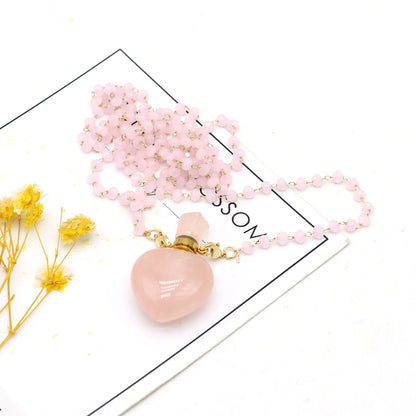 Natural Stone Rose Quartz Perfume Bottle Essential Oil Diffuser Reiki Healing Exquisite Necklace Jewelry Gift - AMULET RING STORE