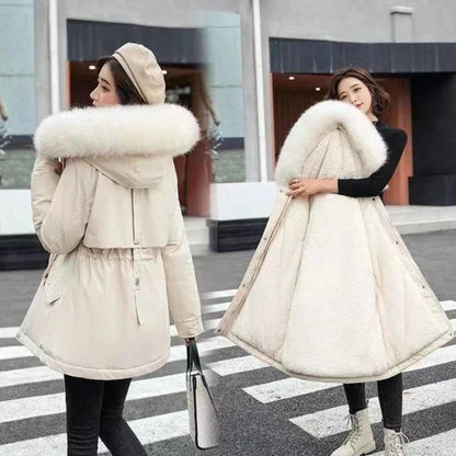 2025 Winter Women's Parka Cotton Padded Coat Korean Style Mid Length Waist Cinching Thickened for Cold Suitable for Short Girls