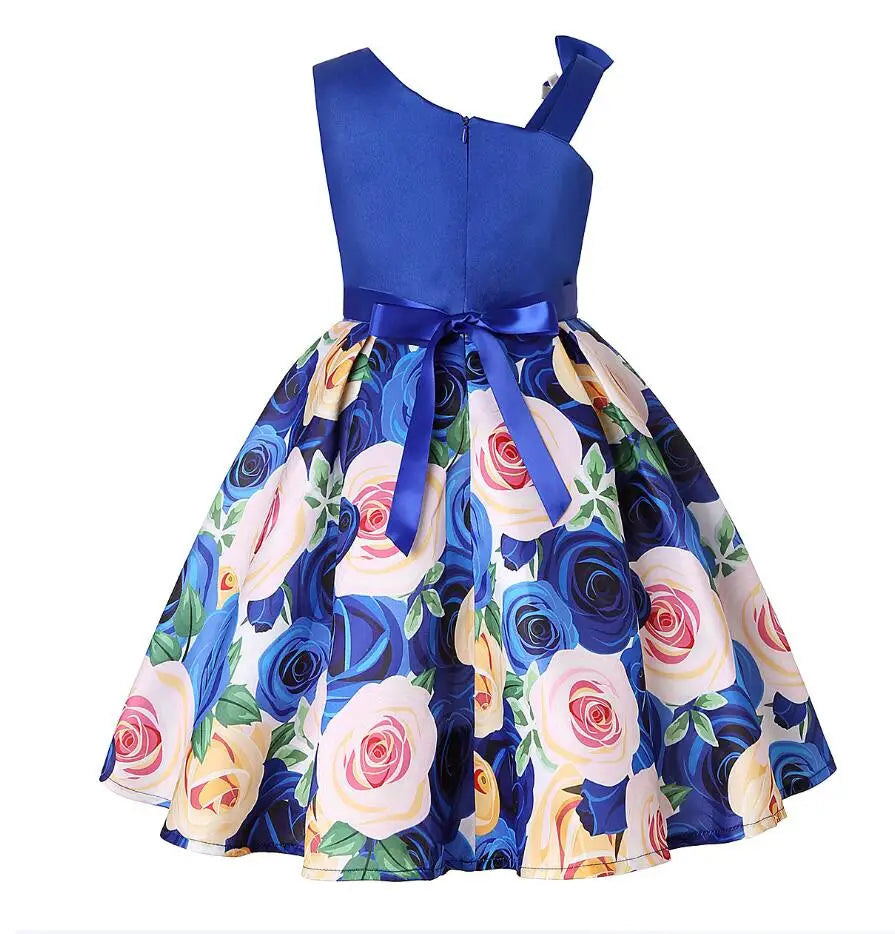 Summer Girls Rose Print Dress Princess Wedding Birthday Party Frocks Satin Children Vestidos Dresses For Girl Christmas Clothing
