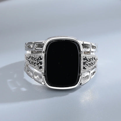 925 Sterling Silver Jewelry Ring Natural 10*14mm Big Black Agate Stone Vintage Ring For Women Party Gifts