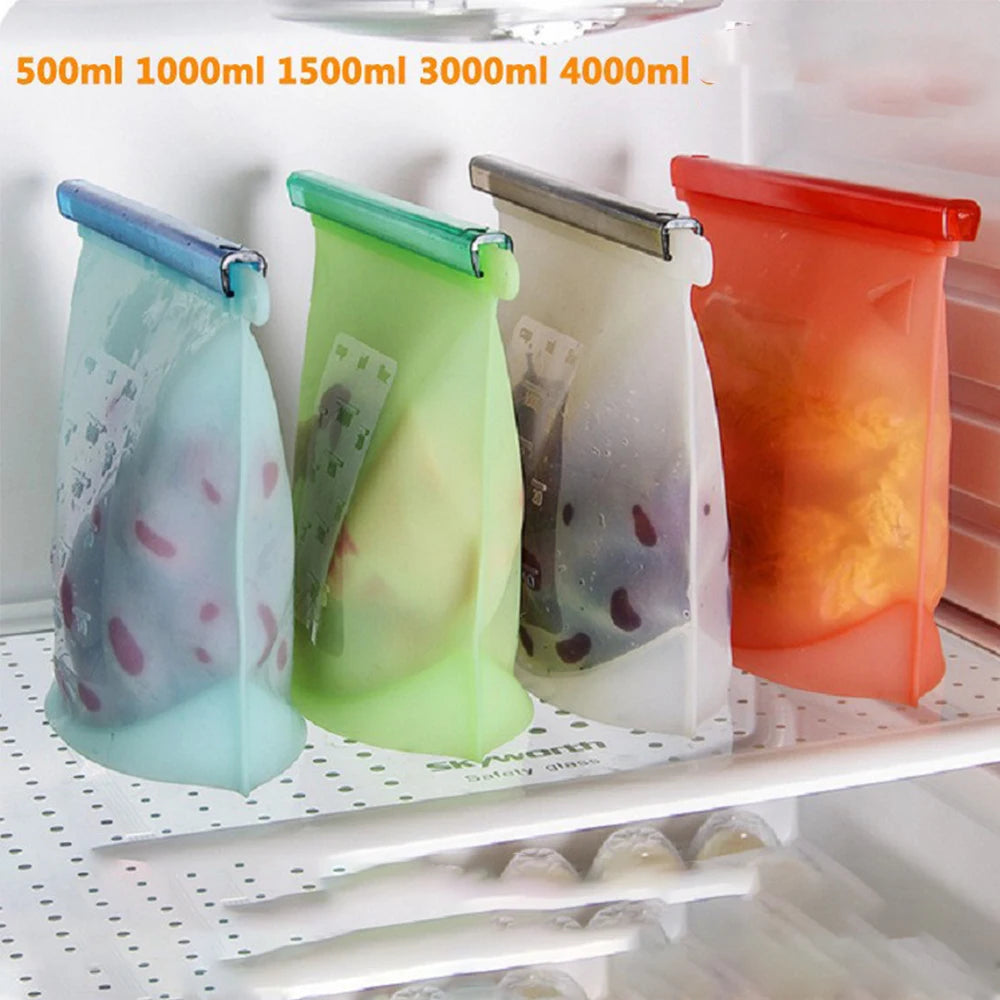 500-1500ML Silicone Bags Reusable Silicone Food Grade Storage Bag Lunch Sandwich Snack Fruit Freezer Zip Seal Keep Fresh Bags - AMULET RING STORE