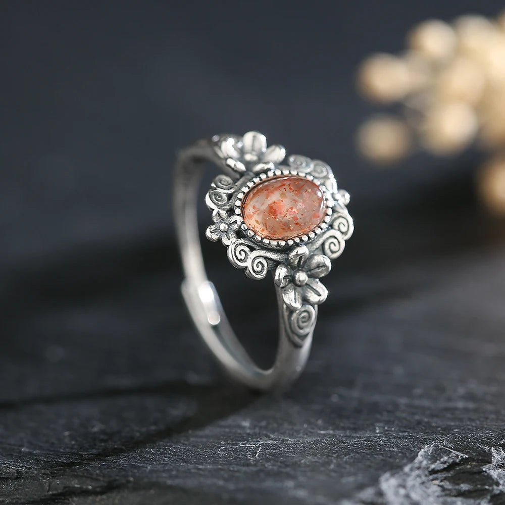Natural Sunstone Ring S925 Silver Vintage Handmade Adjustable Bands Birthstone Healing Crystal Floral Boho Jewelry Gifts - AMULET RING STORE