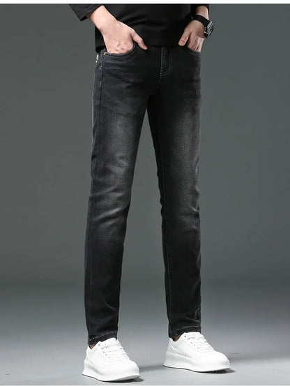 H Home Autumn/Winter Thickened European Style High-End Jeans Men's Trendy Brand Slims Smooths Your Silhouette Small Footed Trend
