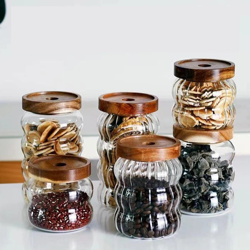 Wood Lid Striped Glass Storage Bottles Sealed Jar Tea Coffee Beans Grains Candy Jars Organizer Kitchen Food Glass Containers - AMULET RING STORE