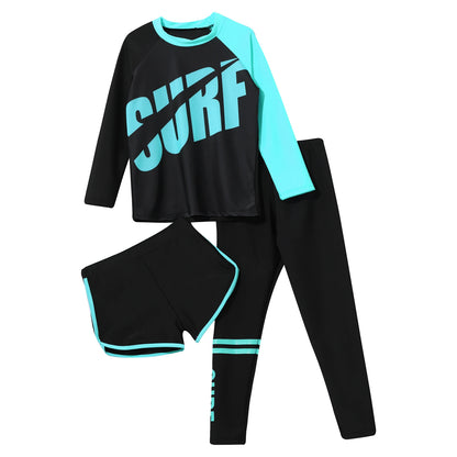 3Pcs Kids Girls Colorful Print Swimsuit Swimwear Long Sleeve Top+Shorts with Pants Set Sun Protection Rash Guard Swimming Outfit - AMULET RING STORE