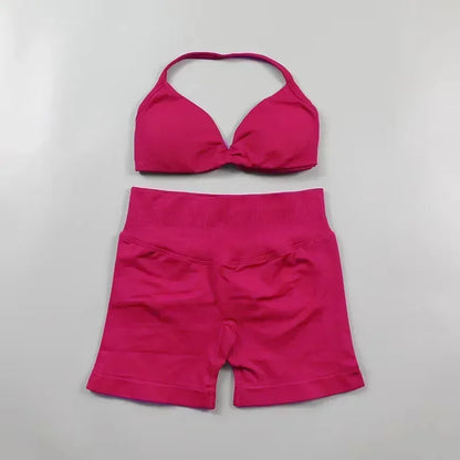 2PCS Yoga Gym Set Women Seamless Strappy Yoga Bra Top High Waist Workout Scrunch Shorts Sports Suit Fitness Clothes Sportswear