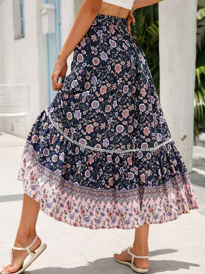 Women Long Skirt Elegant Elastic Waist Floral Flowy Summer Swing Skirt for Casual Daily