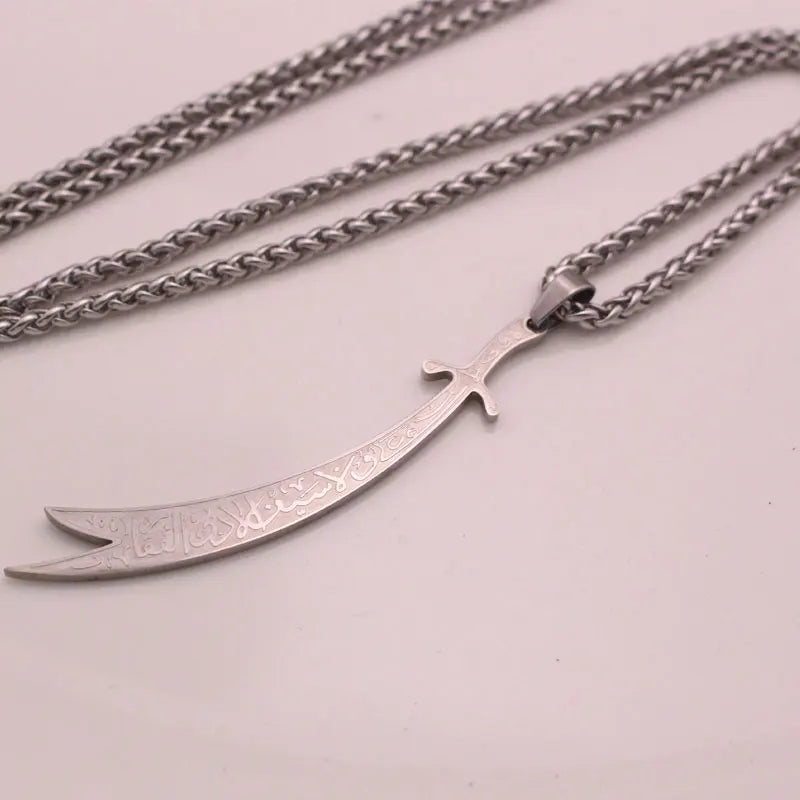 Beautiful engraved Ali zulfiqar sword stainless steel pendant necklace islamic jewelry muslim - AMULET RING STORE