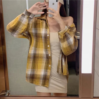 Plaid Shirt Women Spring Long Sleeve Top Female Vintage OL Fashion Single Breasted Blouse Ladies Preppy Style Loose Check Shirts