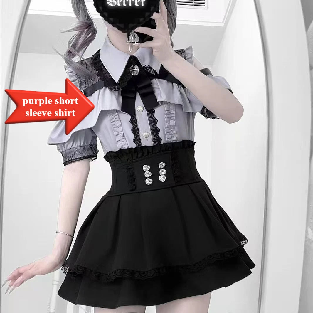 Sweet Gothic Lolita Two Piece Set, Off Shoulder Blouse + High Waist Skirt, Kawaii Tri-color Lace Coord Outfit for Women & Teens