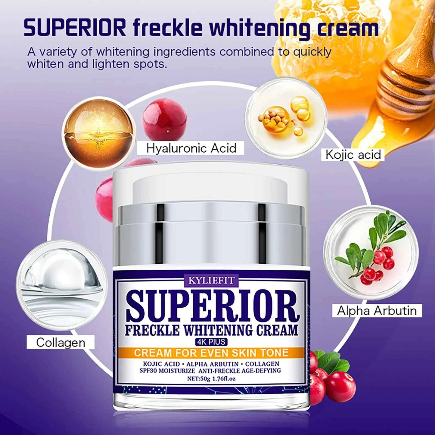 KYLIEFIT Superior Freckle Whitening Cream, Even Skin Tone, With Collagen, Kojic Acid, Spf30, Dark Spots Corrector Face Cream