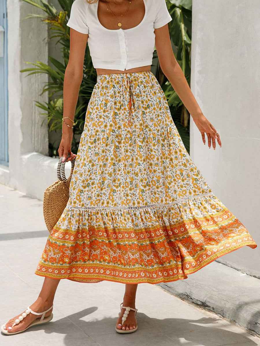 Women Long Skirt Elegant Elastic Waist Floral Flowy Summer Swing Skirt for Casual Daily