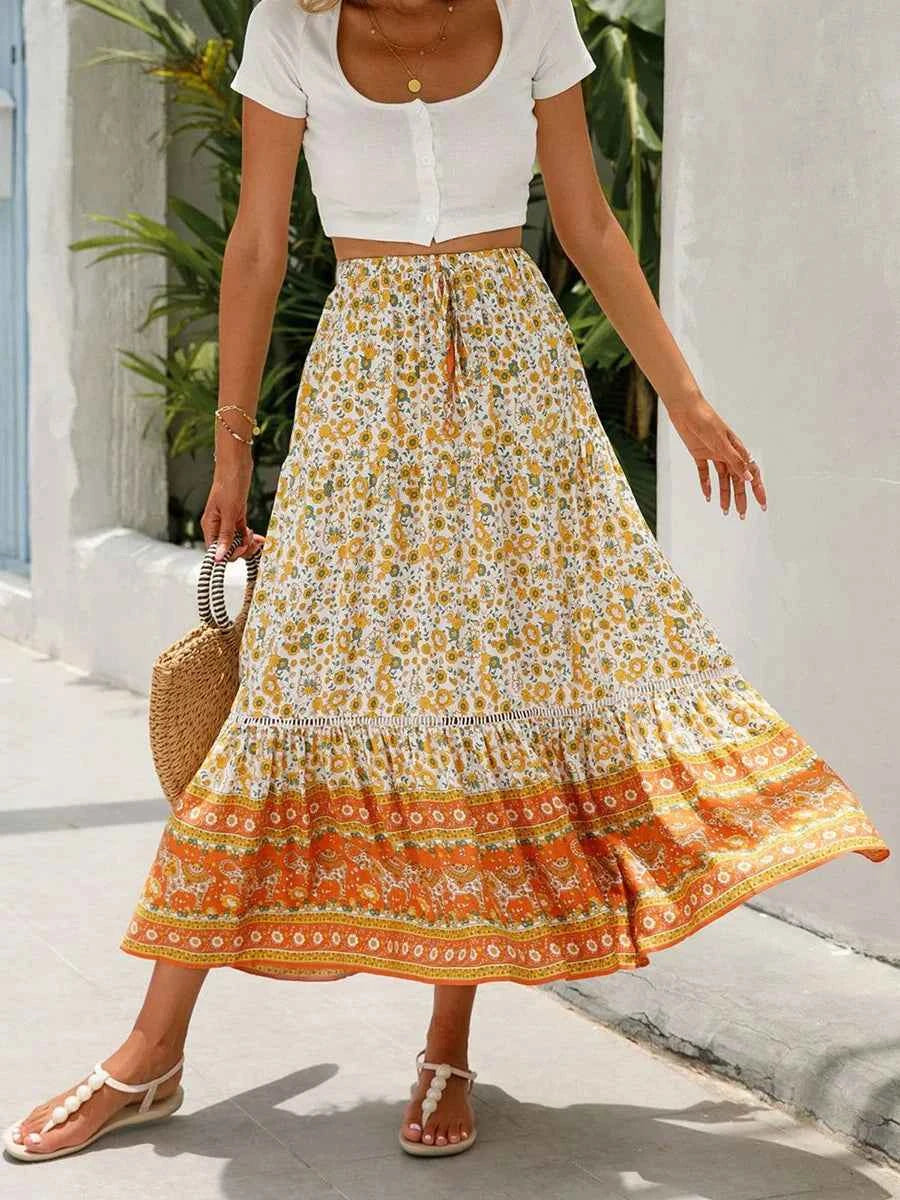 Women Long Skirt Elegant Elastic Waist Floral Flowy Summer Swing Skirt for Casual Daily