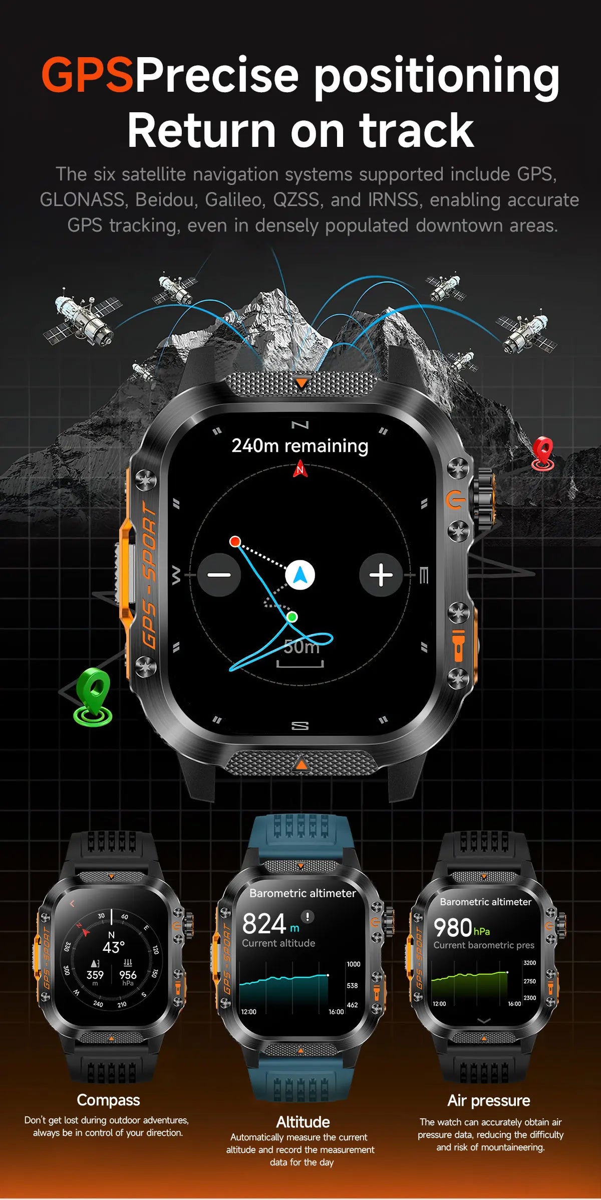 2025New GPS Smart Watch For Xiaomi IOS Military Compass Flashlight Smartwatch Men 10ATM Waterproof 100+Sport Modes BT Call Watch